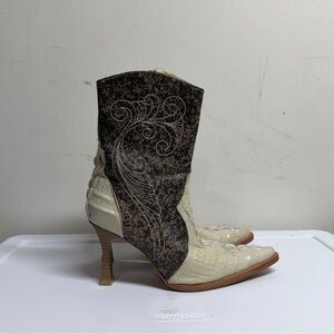 Lady Camp Exotic Crocodile Heeled Boots Women’s Mexico US 6.5 Black Cream White